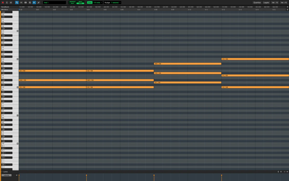 The MIDI Editor showing a lead melody as a piano roll above its velocity lane