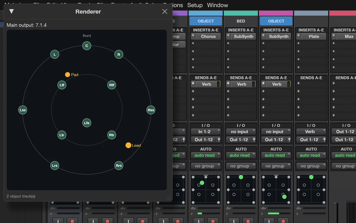 The Renderer window showing a 7.1.4 speaker layout with two object tracks, beside Mix strips with surround panners and Object/Bed buttons